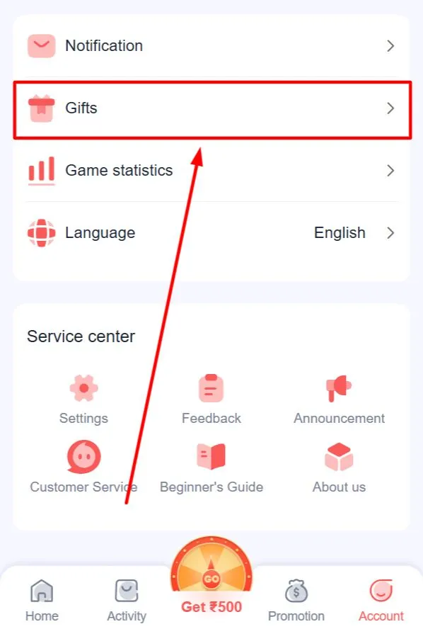 Screen with the “Gift” option on the Account page